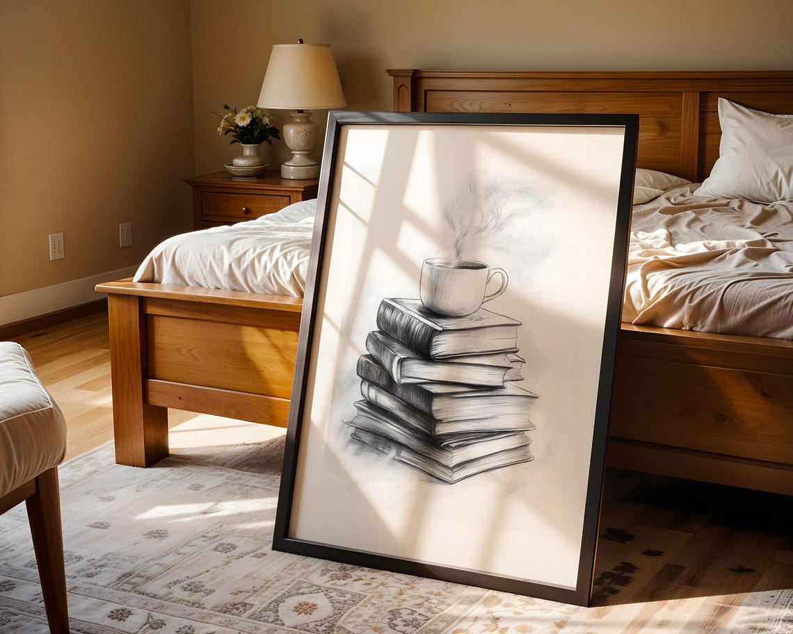 Stack of Books with Steaming Coffee Cup Pencil Sketch Poster - Image 4