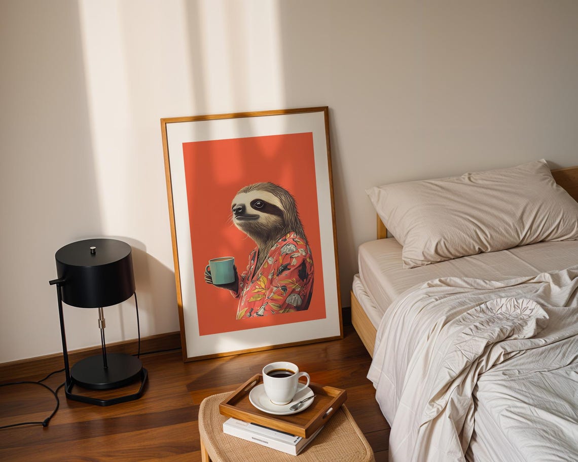 Sloth With Coffee Mug Robe Chill Animal Art Print Trendy Wall Room Decor Prints Poster - Image 2