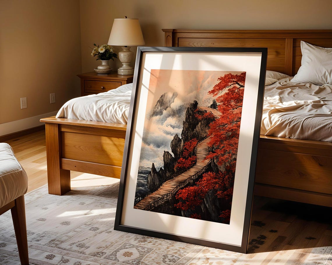 Autumn Cliff Path with Red Maples Painting Poster in Ink Style - Image 4