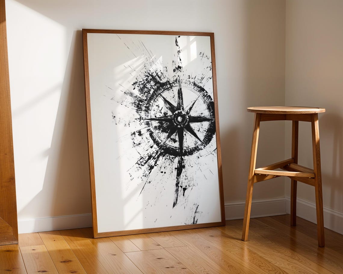 Abstract Black Compass Rose Ink Splatter Nautical Art Poster