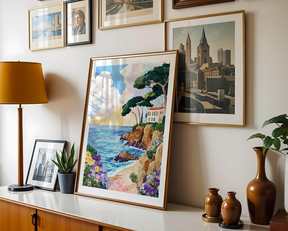 Seaside Villa On Rocky Cliffs Turquoise Coast Watercolor Landscape Poster - Image 5