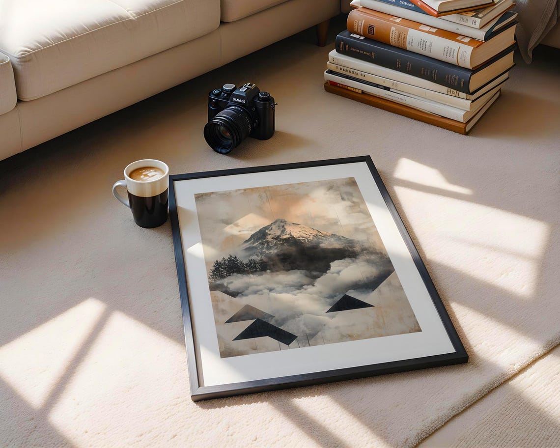 Abstract Snowy Mountain Geometric Peaks Beige Tonal Art Poster - Image 5