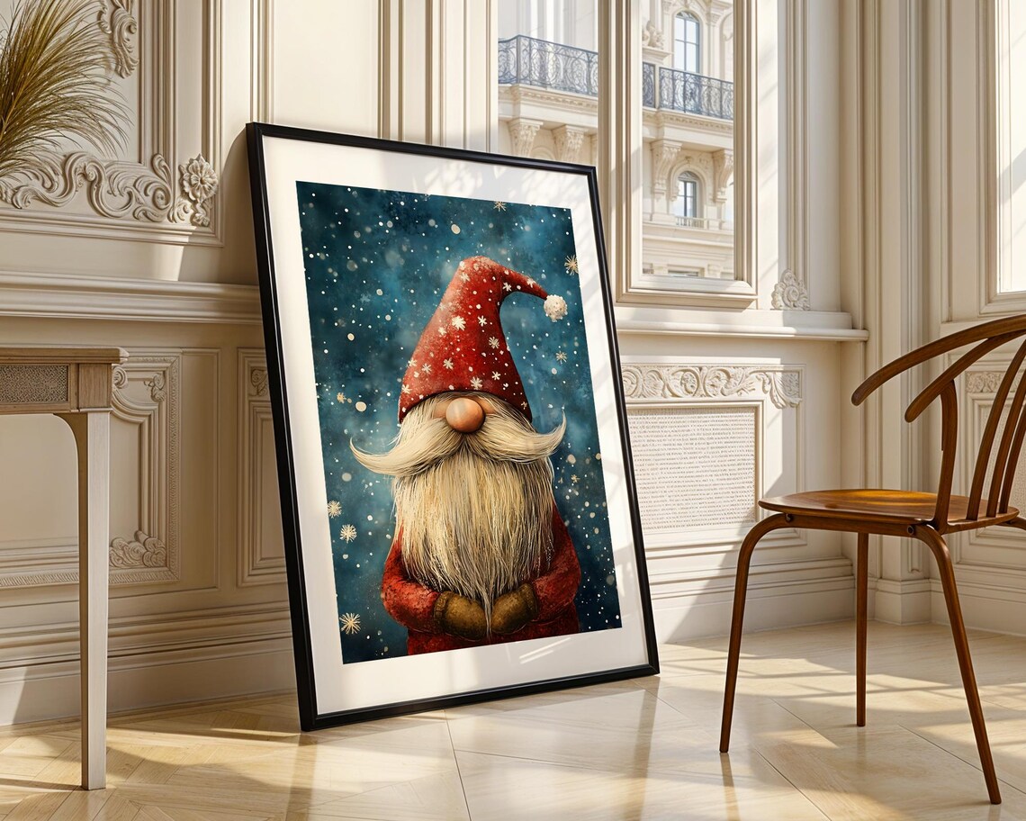 Festive Christmas Gnome In Red Hat Amid Falling Snowflakes Poster