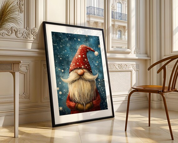 Festive Christmas Gnome In Red Hat Amid Falling Snowflakes Poster