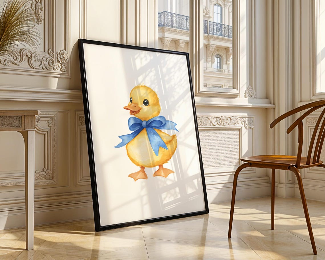 Yellow Duck With Blue Bow Nursery Wall Art Kids Room Illustration Trendy Modern Prints Decor Print Baby - Image 4