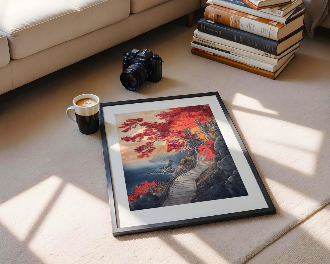 Japanese Coastal Cliff Walkway Art Poster with Red Maple Trees - Image 5