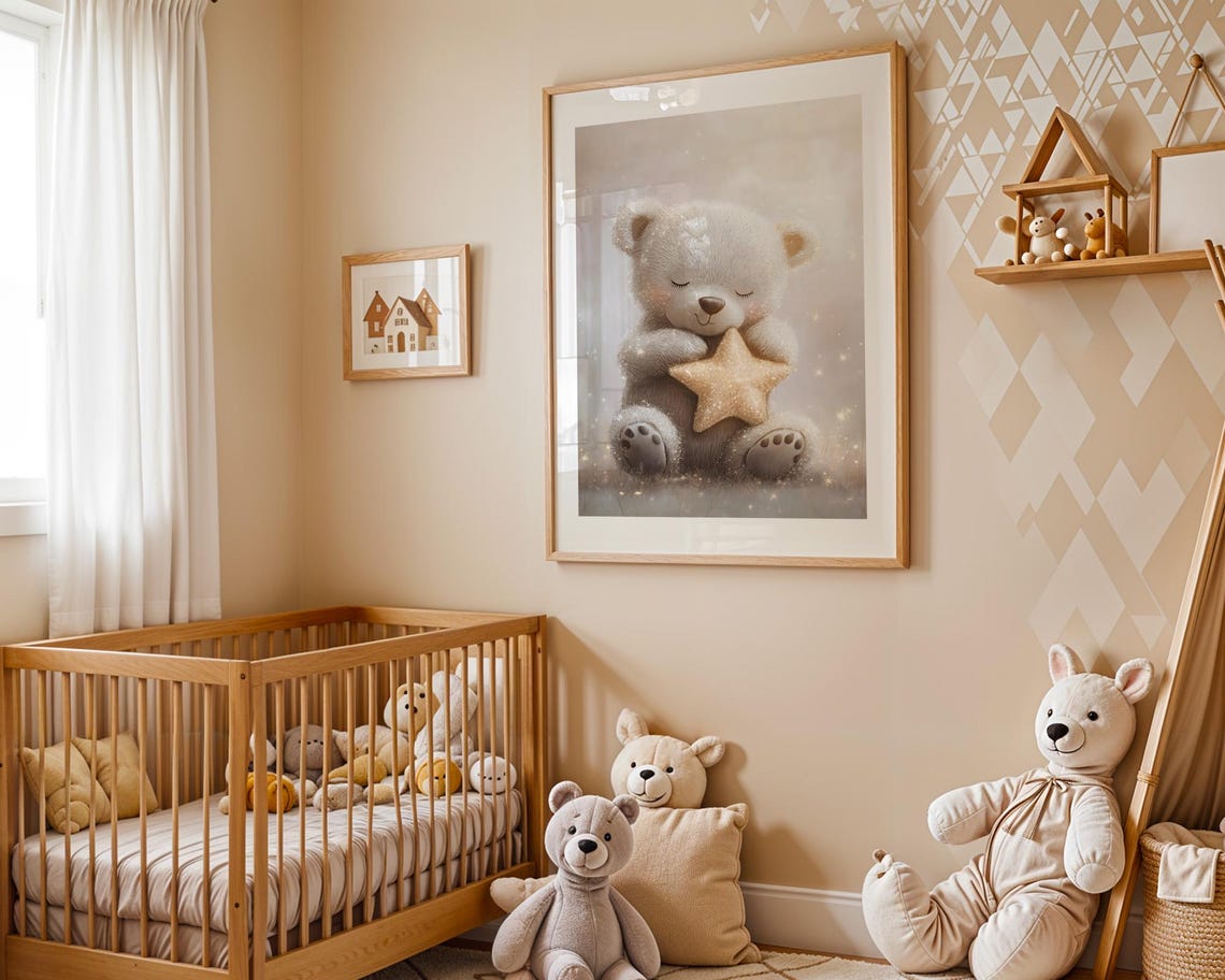 Cute Sleeping Teddy Bear Star Soft Pastel Baby Nursery Wall Art - Image 5