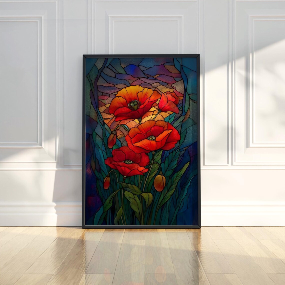 Vivid Glowing Red Poppies Stained Glass Style Floral Decor Poster
