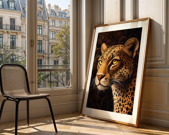 Golden Leopard Close Up Dark Ornate Background Wildlife Poster
