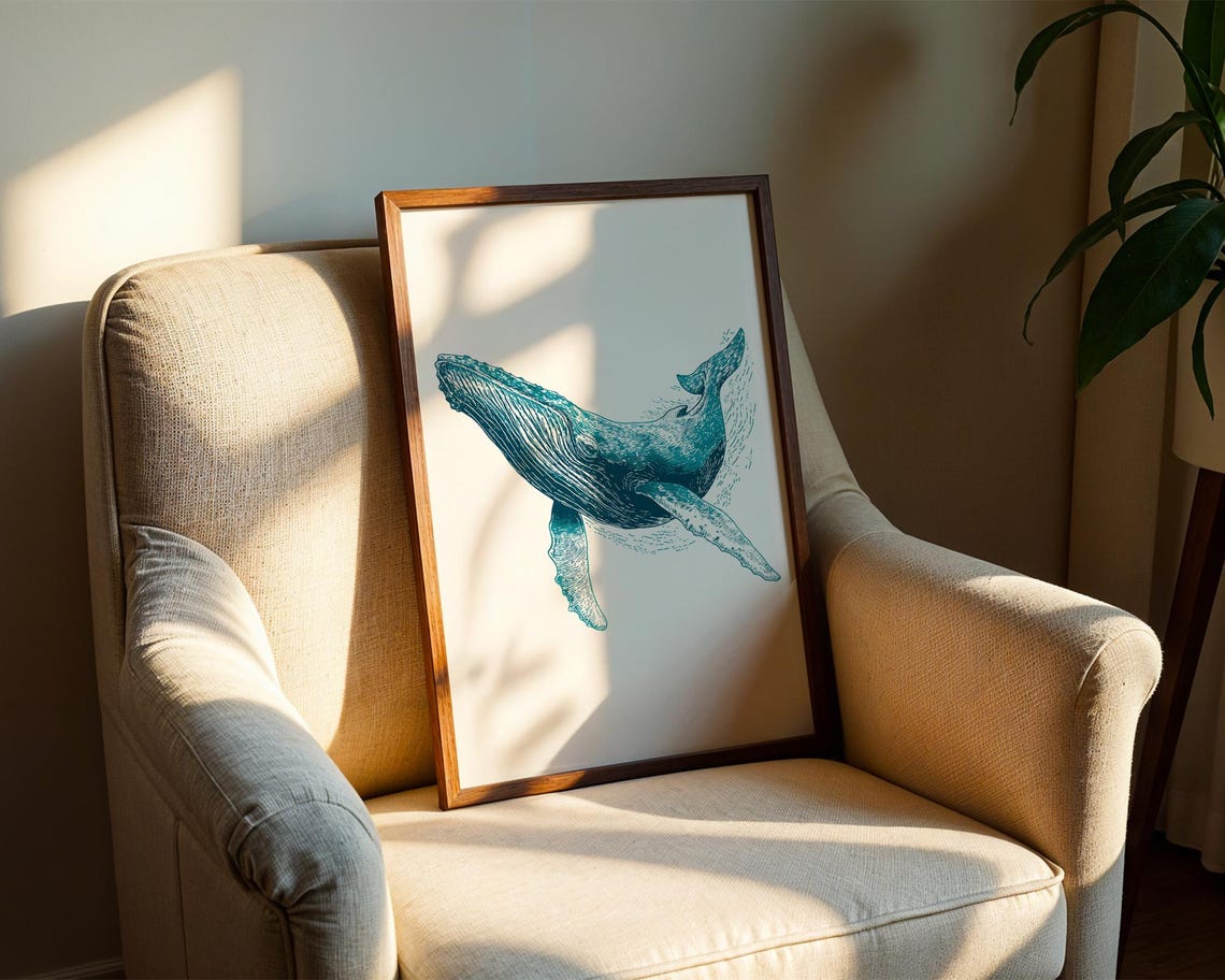 Humpback Whale Teal Ink Illustration Ocean Sea Animal Artwork Poster - Image 2
