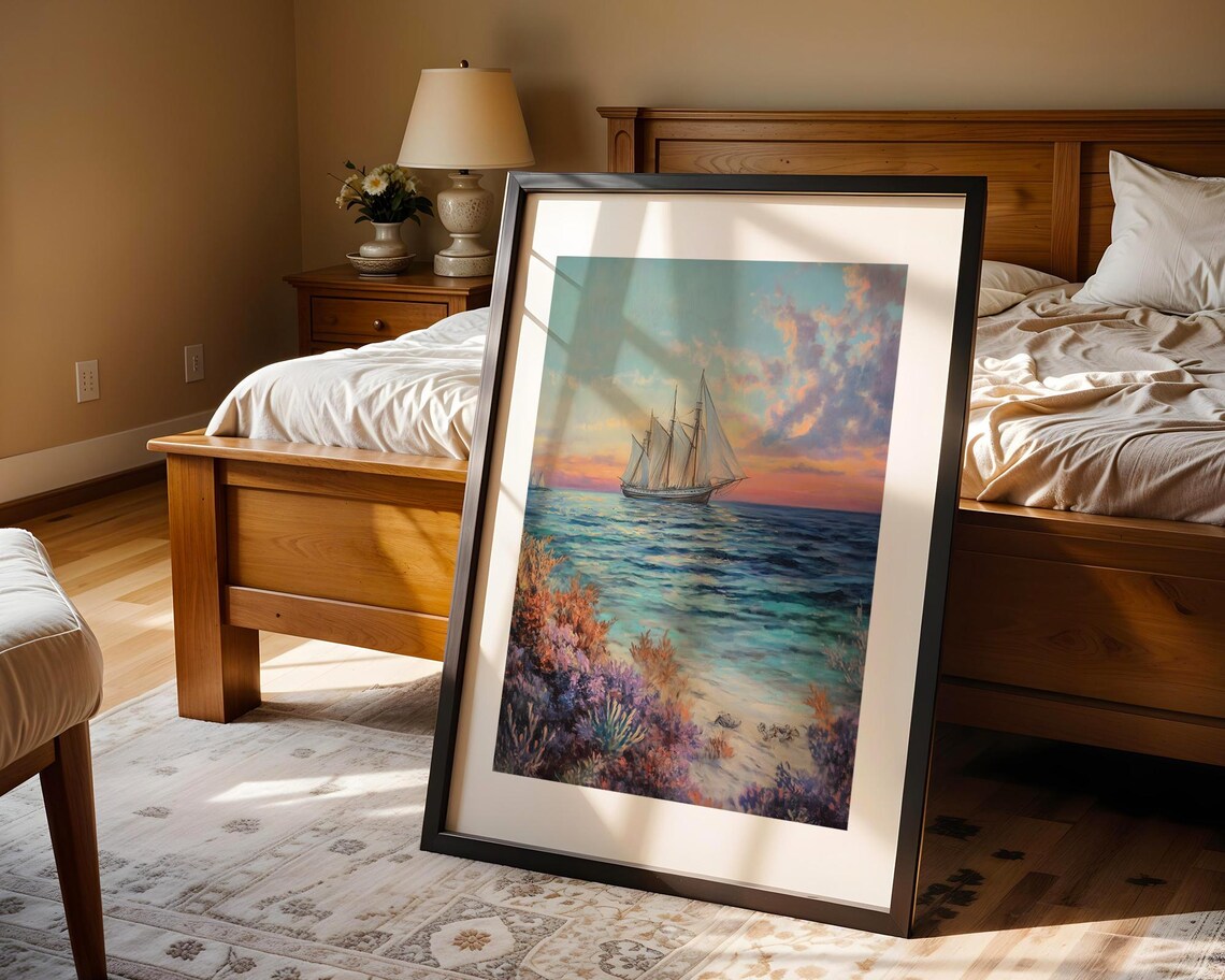 Tall Sailing Ship at Sunset Ocean Painting Poster for Nautical Decor - Image 4