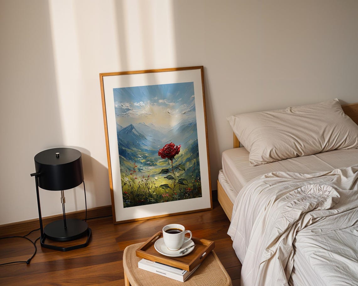 Red Rose Mountain Landscape Oil Painting Romantic Art Poster - Image 3