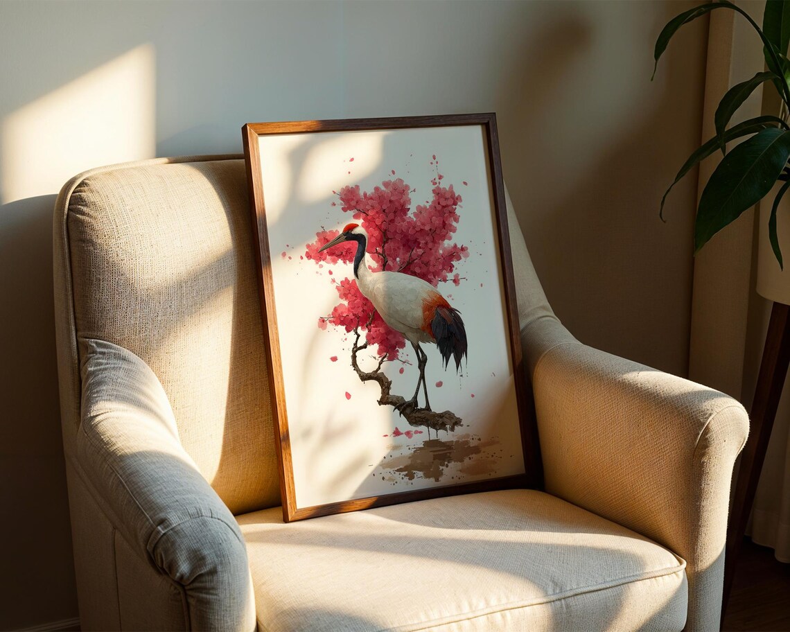 Red Crowned Crane Cherry Blossom Watercolor Japanese Painting Poster - Image 2