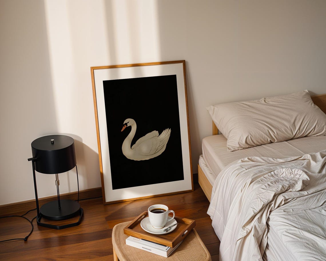 Vintage White Swan Black Background Elegant Bird Painting Poster - Image 2