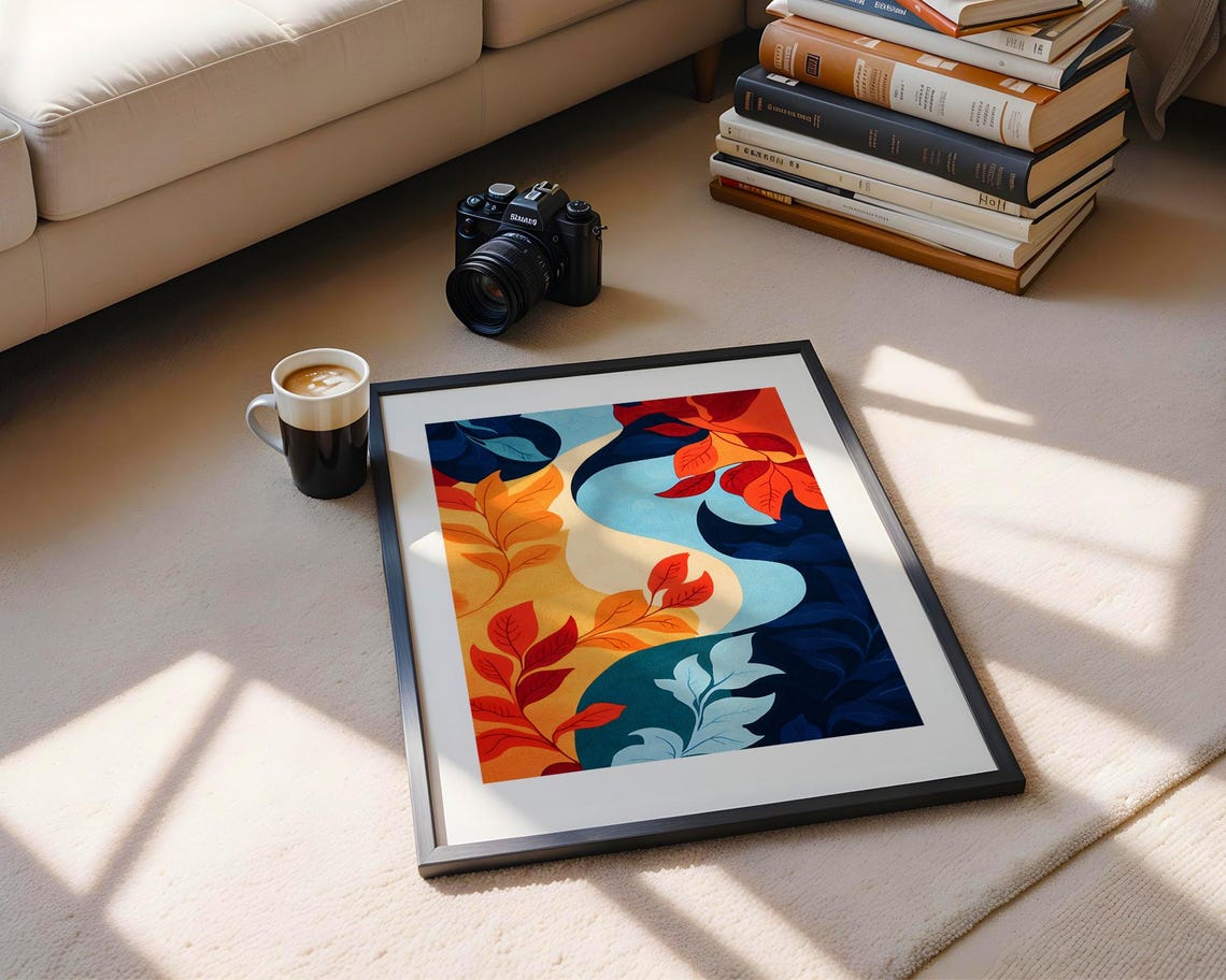 Winding Path Autumn Leaves Red Blue Abstract Nature Art Print - Image 5