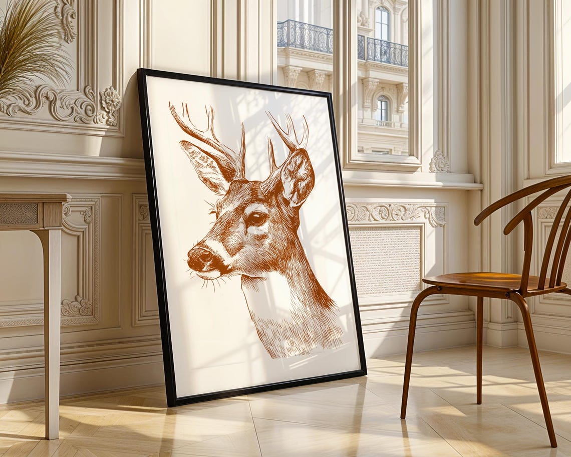 Deer Head Antlers Brown Pencil Sketch Wildlife Drawing Poster - Image 4
