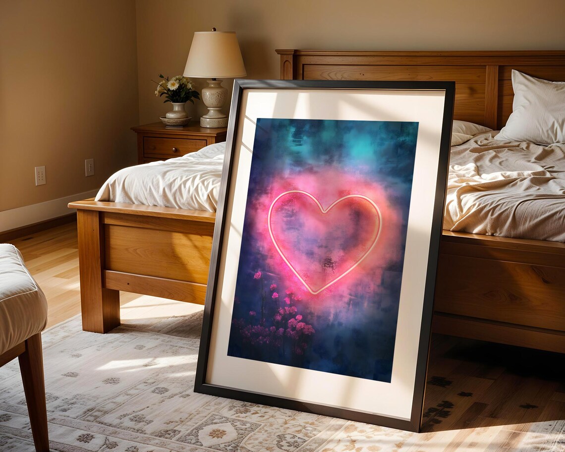 Dreamy Neon Pink Heart Glowing Night Sky Love Romantic Art Print