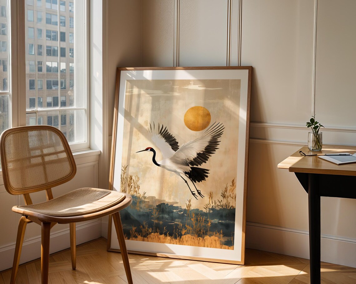 Elegant Crane Flying Beneath Golden Sun Asian Inspired Art Poster - Image 2
