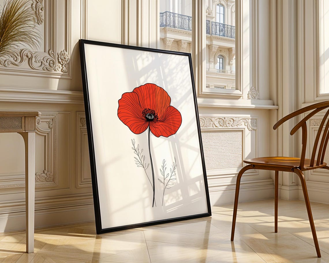Red Poppy Flower Minimalist Line Illustration Simple Modern Poster - Image 3