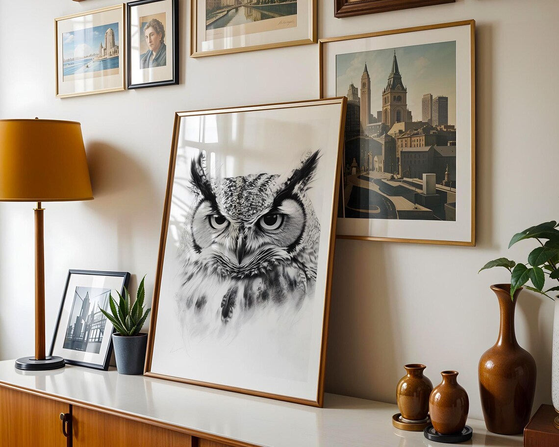 Detailed Great Horned Owl Portrait Monochrome Wildlife Sketch Poster - Image 3