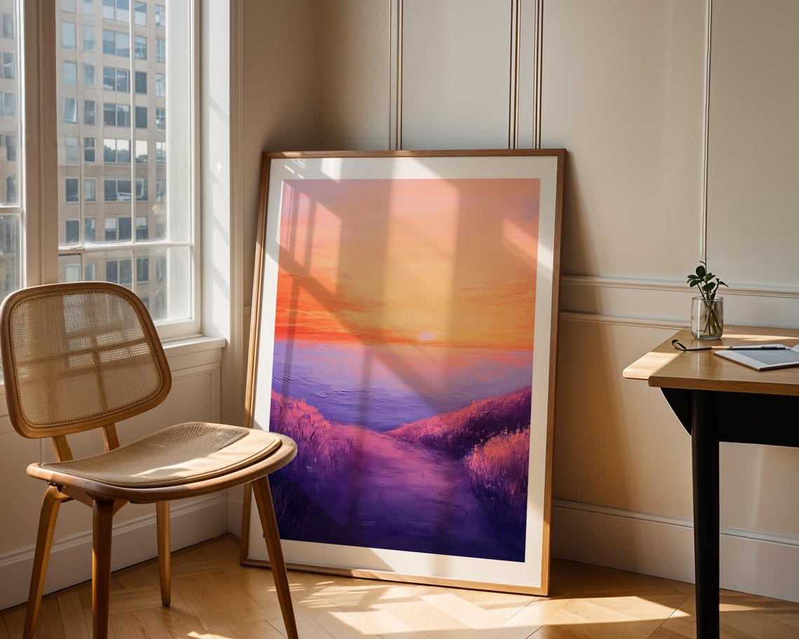 Purple Ocean Sunset Path Lavender Waves Impasto Seascape Art Poster - Image 2