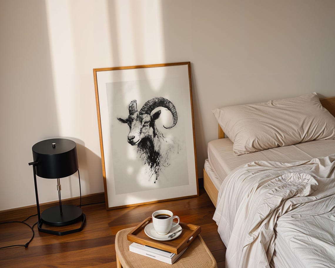Ram Head With Curled Horns Charcoal Sketch Minimalist Poster - Image 3