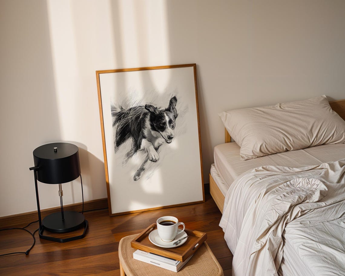 Border Collie Running Sketch Black And White Dog Pencil Wall Art - Image 2