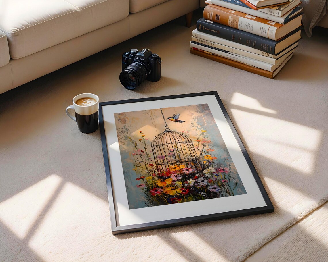 Bluebird Freedom Above Birdcage with Wildflowers Painting Poster - Image 5