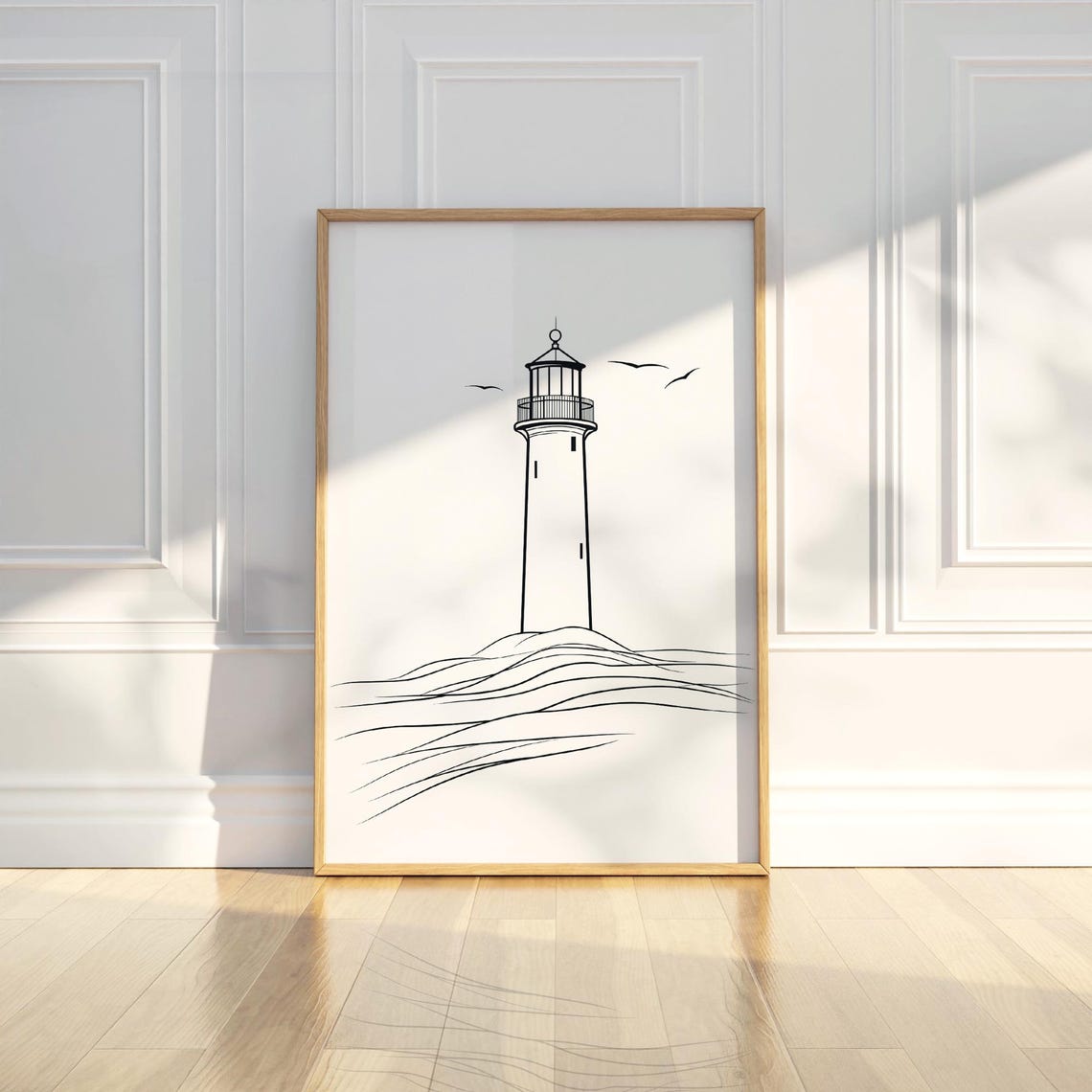 Lighthouse Line Art Waves Seagulls Minimalist Coastal Nautical Poster