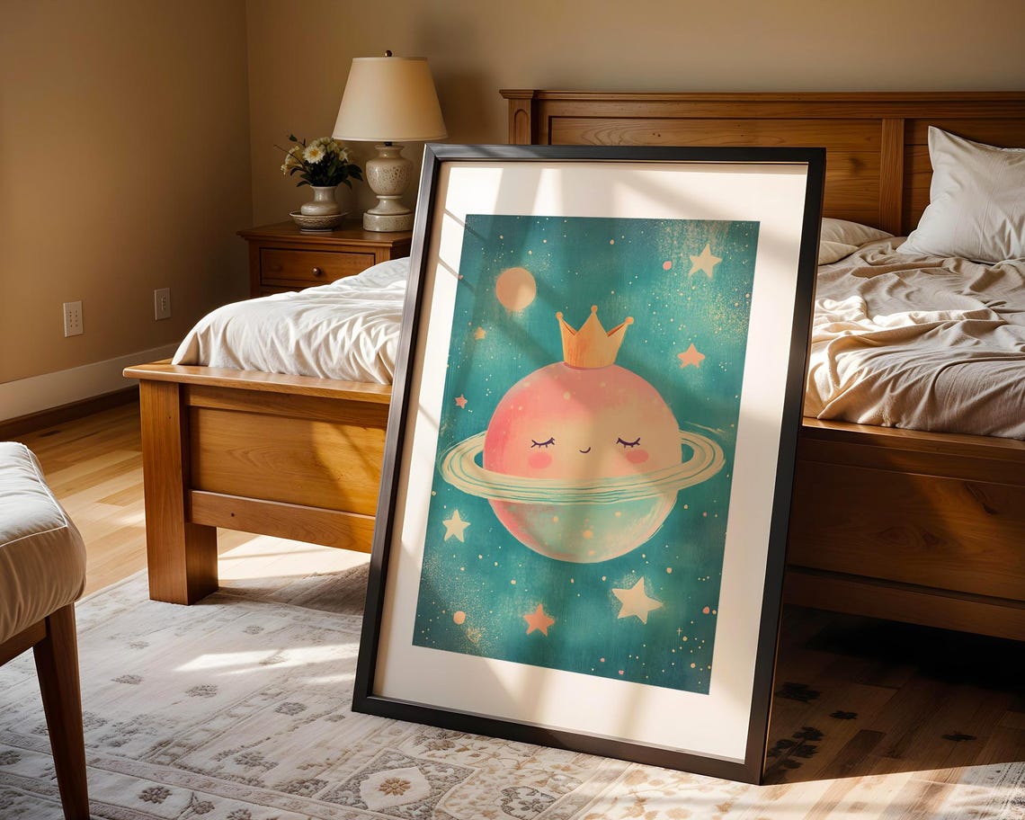 Cute Smiling Pink Planet With Crown Nursery Space Art Poster - Image 4