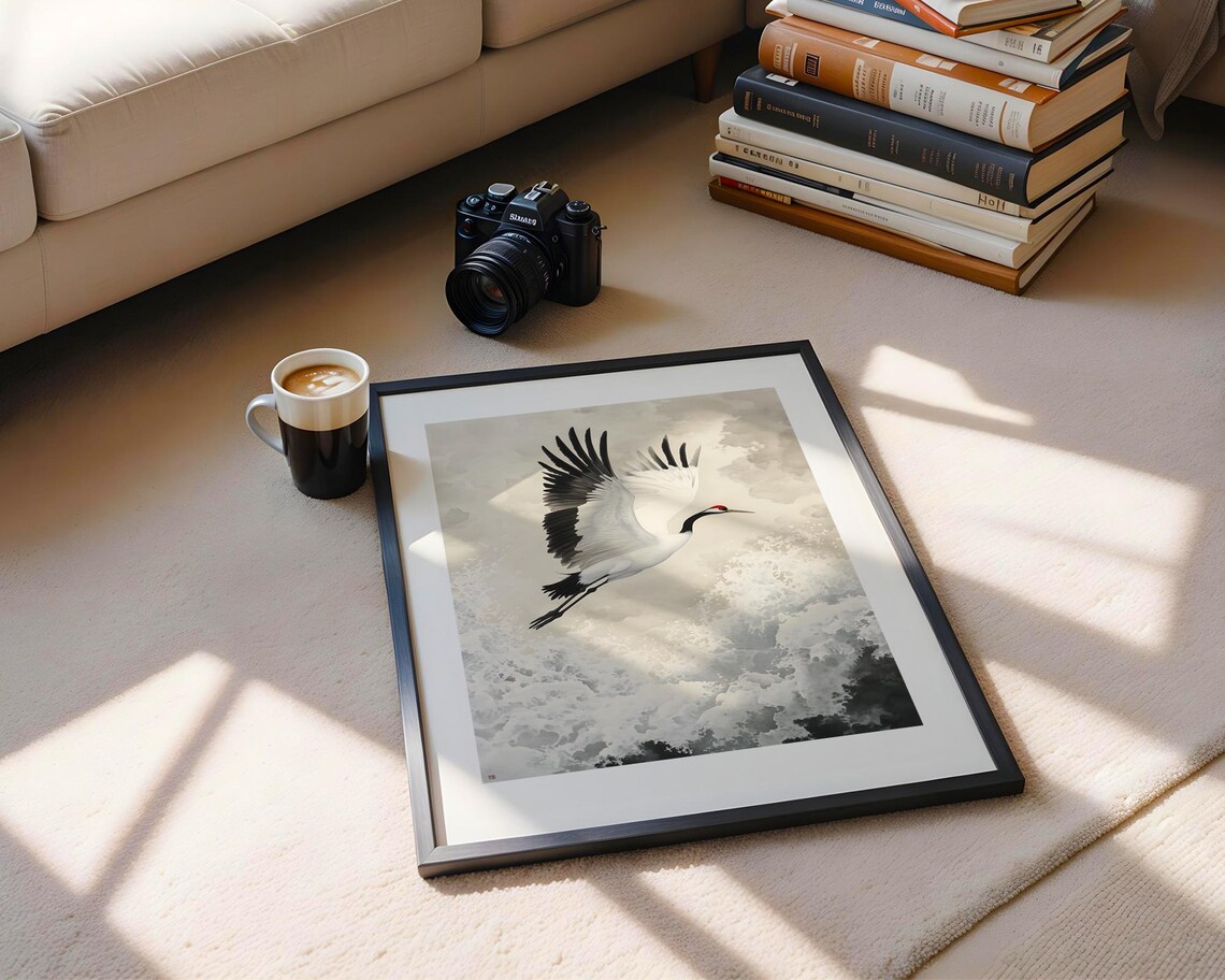 Japanese Crane Bird Flying Ink Wash Ocean Wave Asian Art Poster - Image 5
