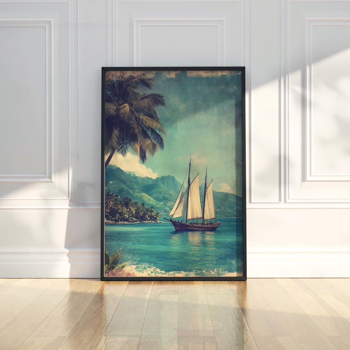 Vintage Wooden Sailboat on Tropical Coast Seascape Art Poster
