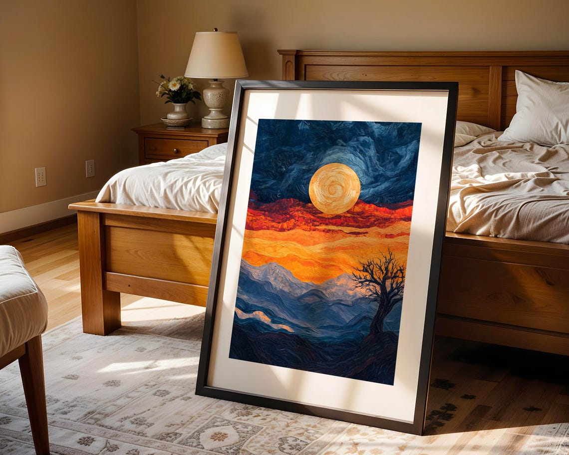 Golden Sun Mountain Night Swirling Blue Impasto Landscape Art Poster - Image 4