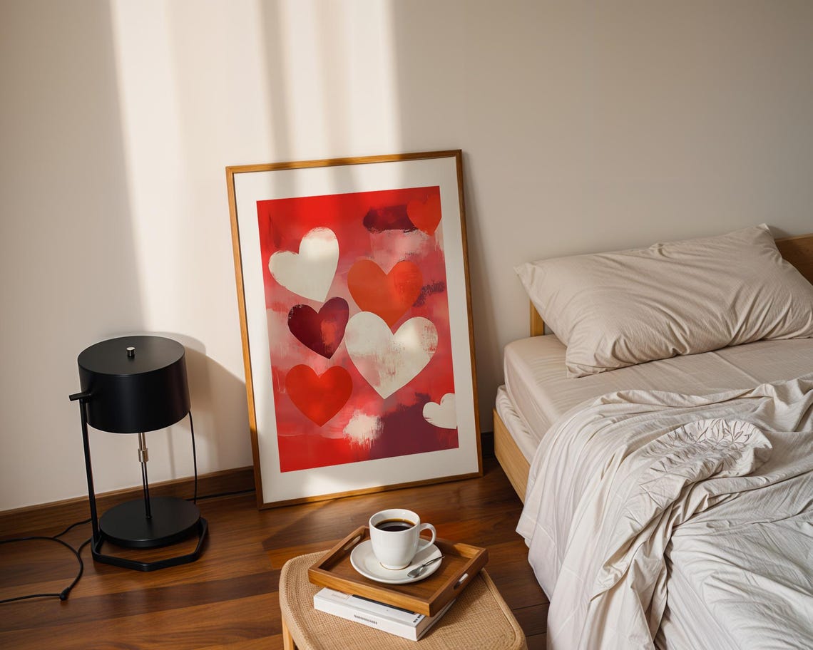 Red And White Abstract Hearts Painterly Valentine Romantic Wall Art - Image 2