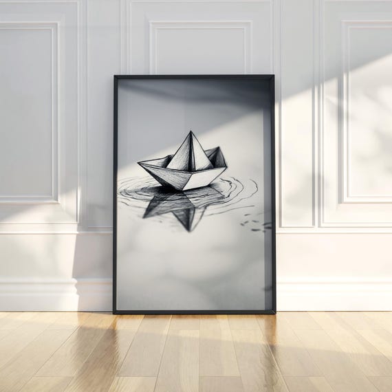 Origami Paper Boat River Line Art Pencil Sketch Drawing Wall Print Trendy Poster Modern Home Decor