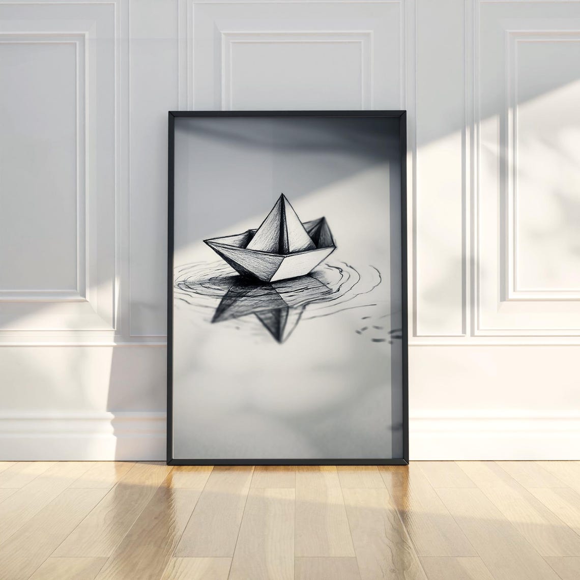 Origami Paper Boat Sketch Calm Water Reflection Drawing Poster