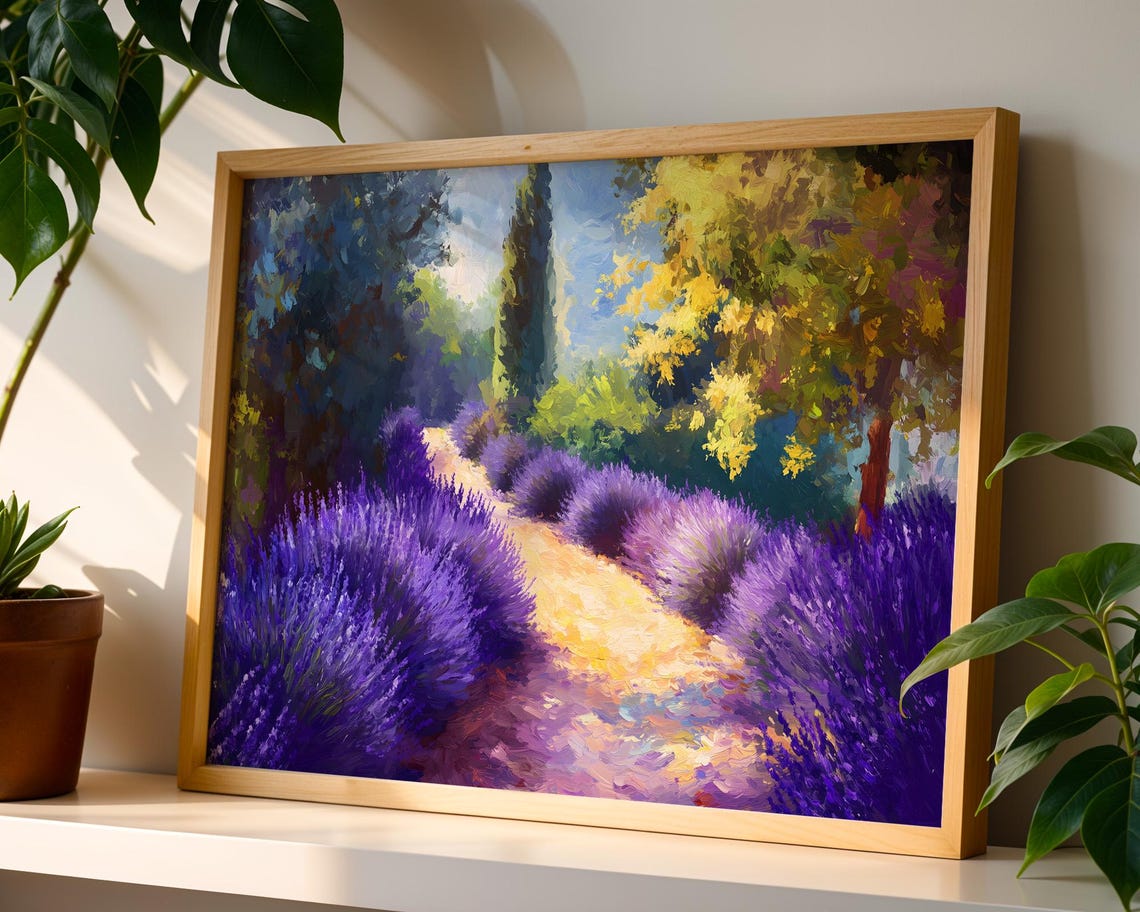 Sunlit Lavender Garden Path Trees Summer Landscape Art Print - Image 4
