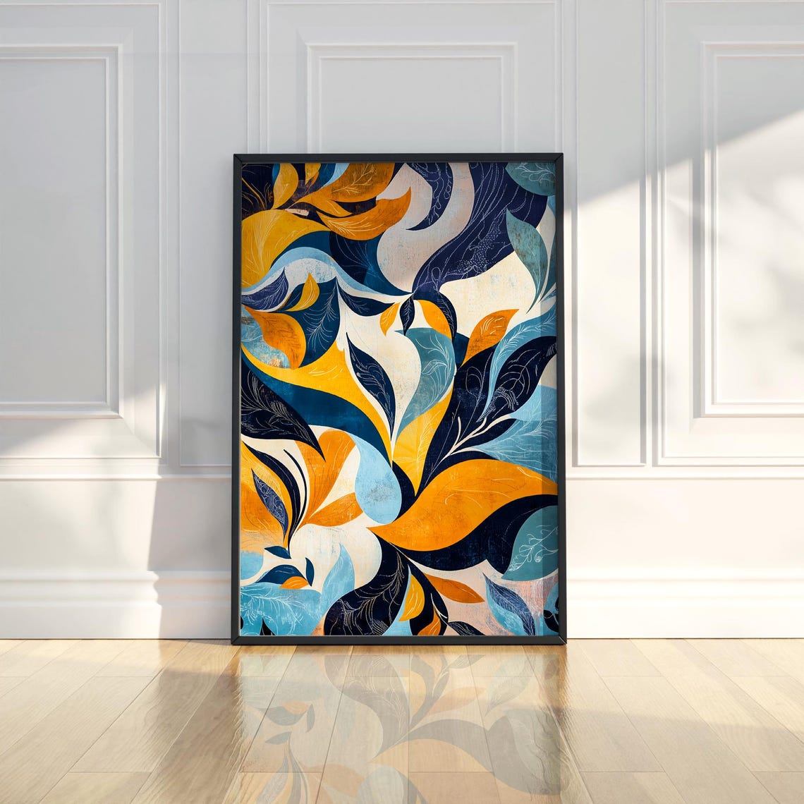 Navy Gold Floral Abstract Pattern Elegant Botanical Art Print