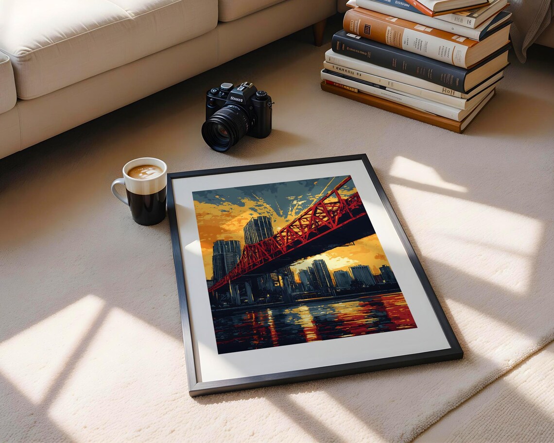 Red Steel Bridge Sunset City Skyline Vintage Pop Artwork Art Poster - Image 5