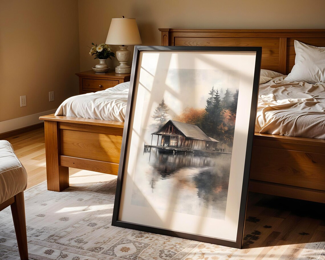 Misty Lake Boathouse Watercolor Calm Nature Serene Cabin Poster - Image 4