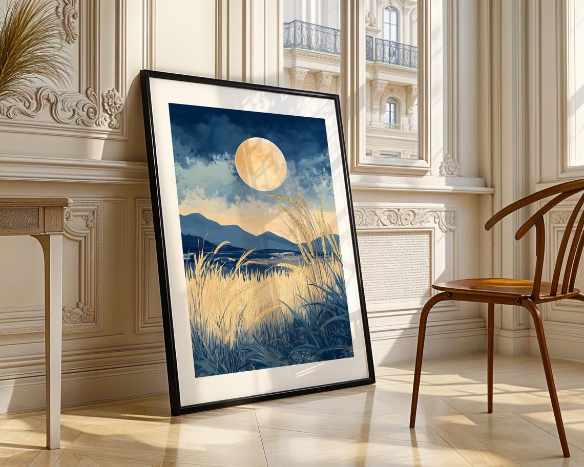 Golden Full Moon Over Night Wheat Field Blue Mountain Poster - Image 3