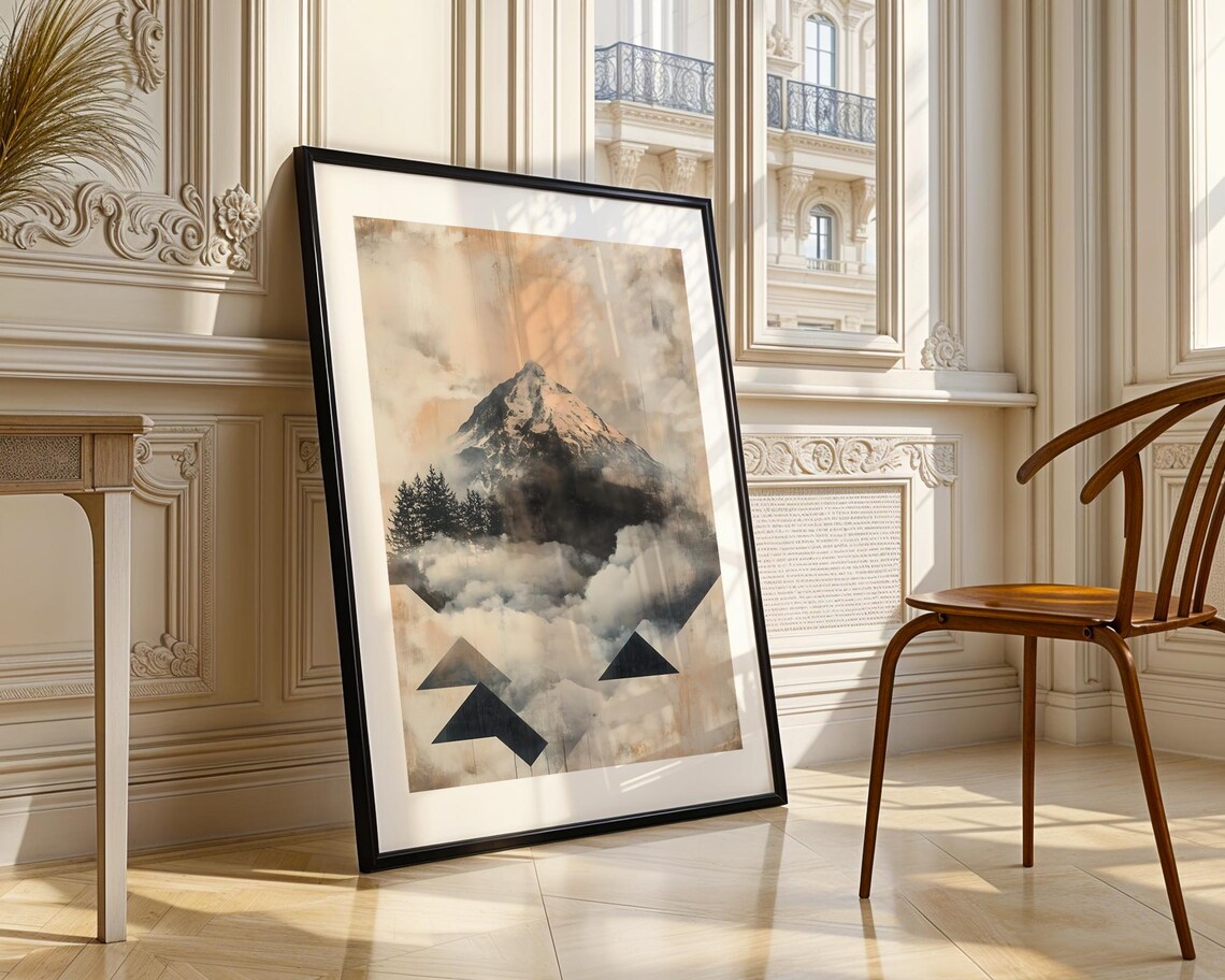 Abstract Snowy Mountain Geometric Peaks Beige Tonal Art Poster - Image 3