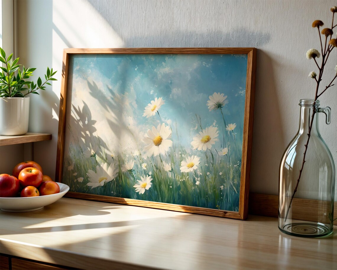 Bright Daisy Meadow Under Blue Sky Fresh Summer Floral Watercolor Poster - Image 2