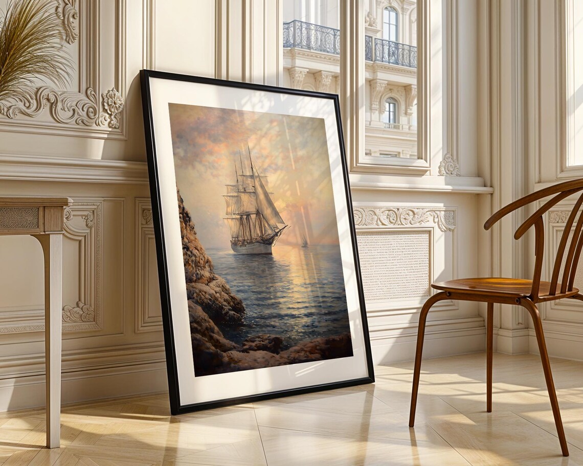 Tall Sailing Ship At Sunset Realistic Ocean Seascape Art Poster - Image 3