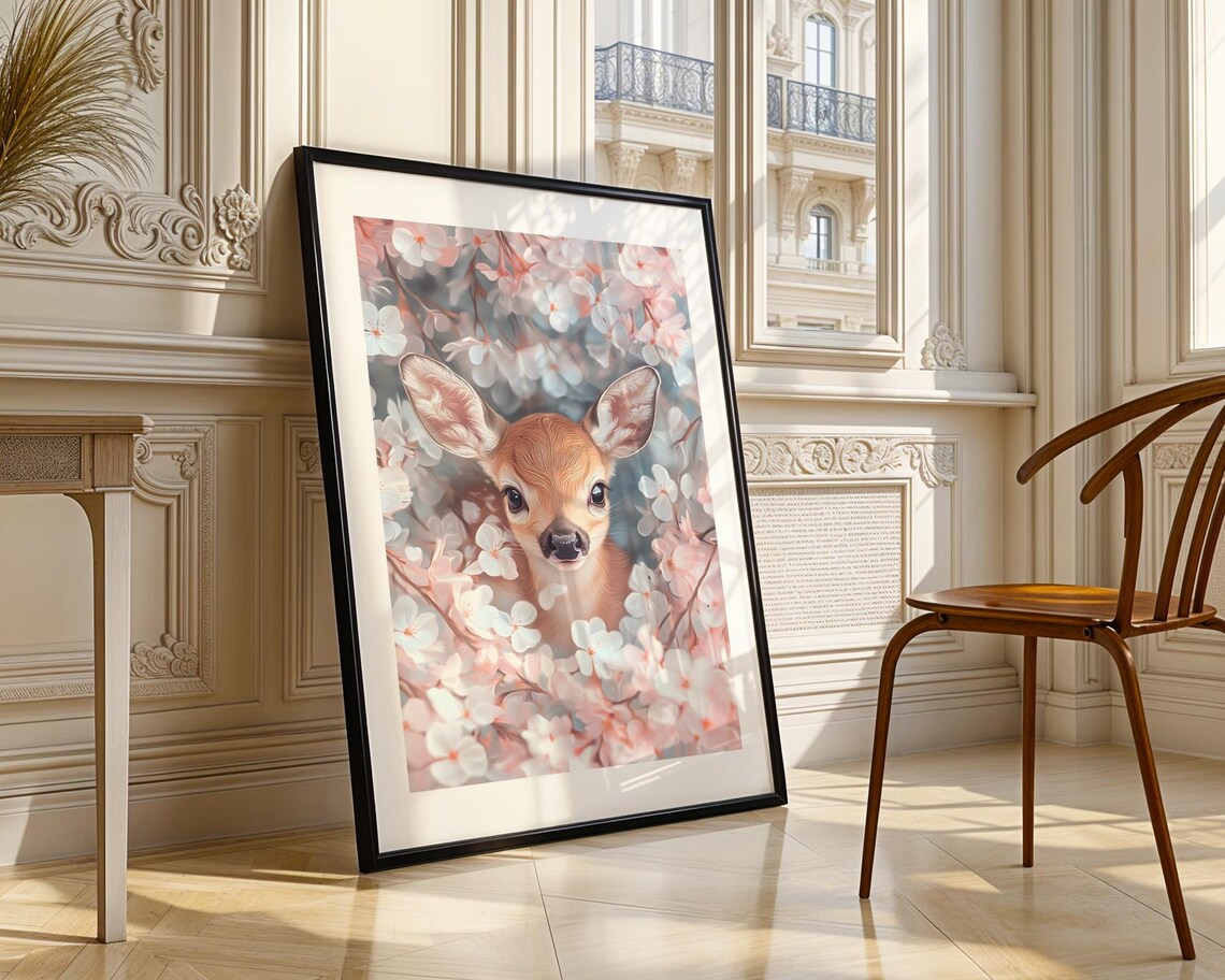 Adorable Cute Baby Deer Wall Art Print Nursery Animal Decor Kawaii Pastel Floral Gift For Kids Playroom Room Girl - Image 3