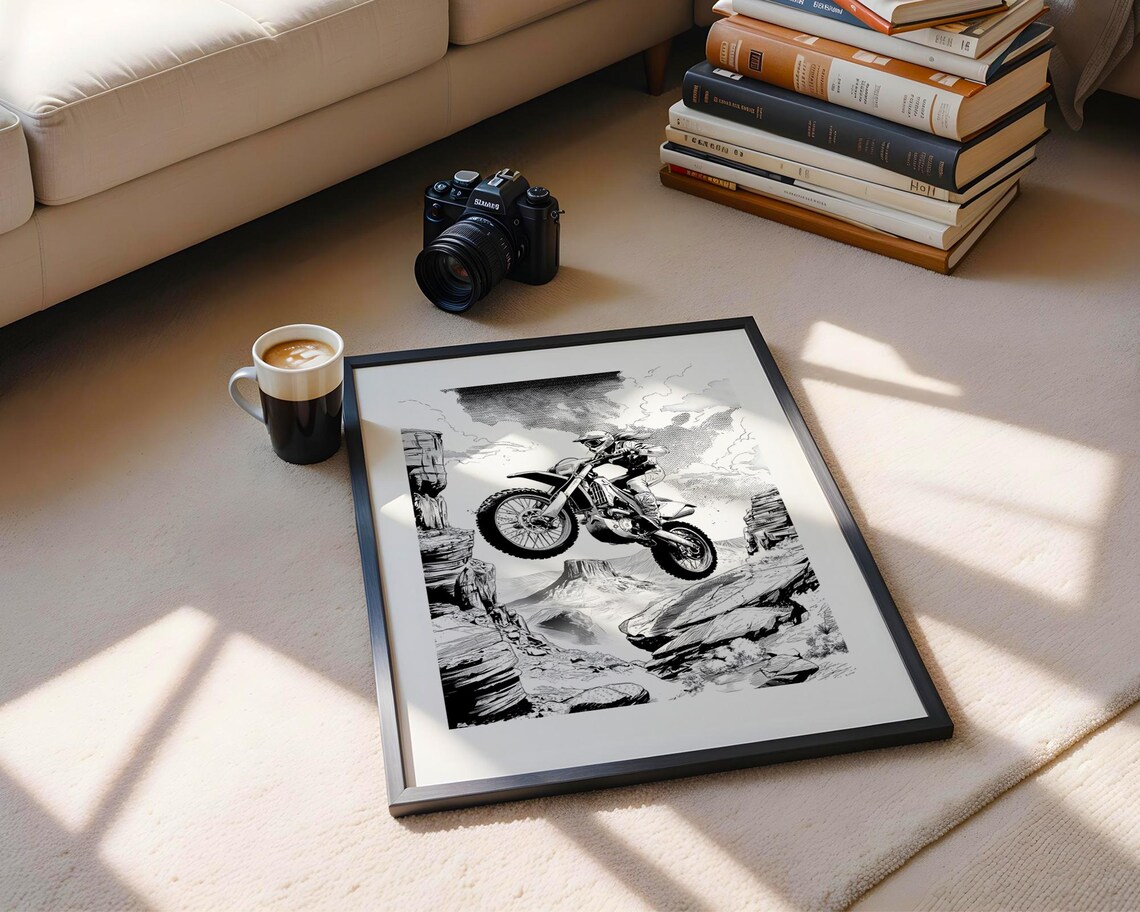 Dirt Bike Rider Jump Comic Style Black White Adventure Poster - Image 6