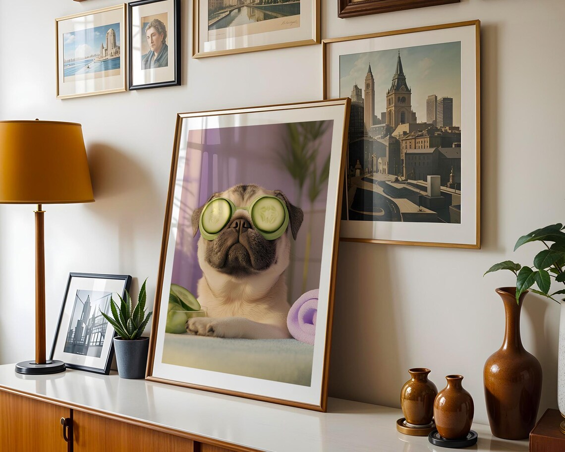 Pug Spa Cucumber Eyes Funny Relaxing Dog Portrait Humor Art Poster - Image 3