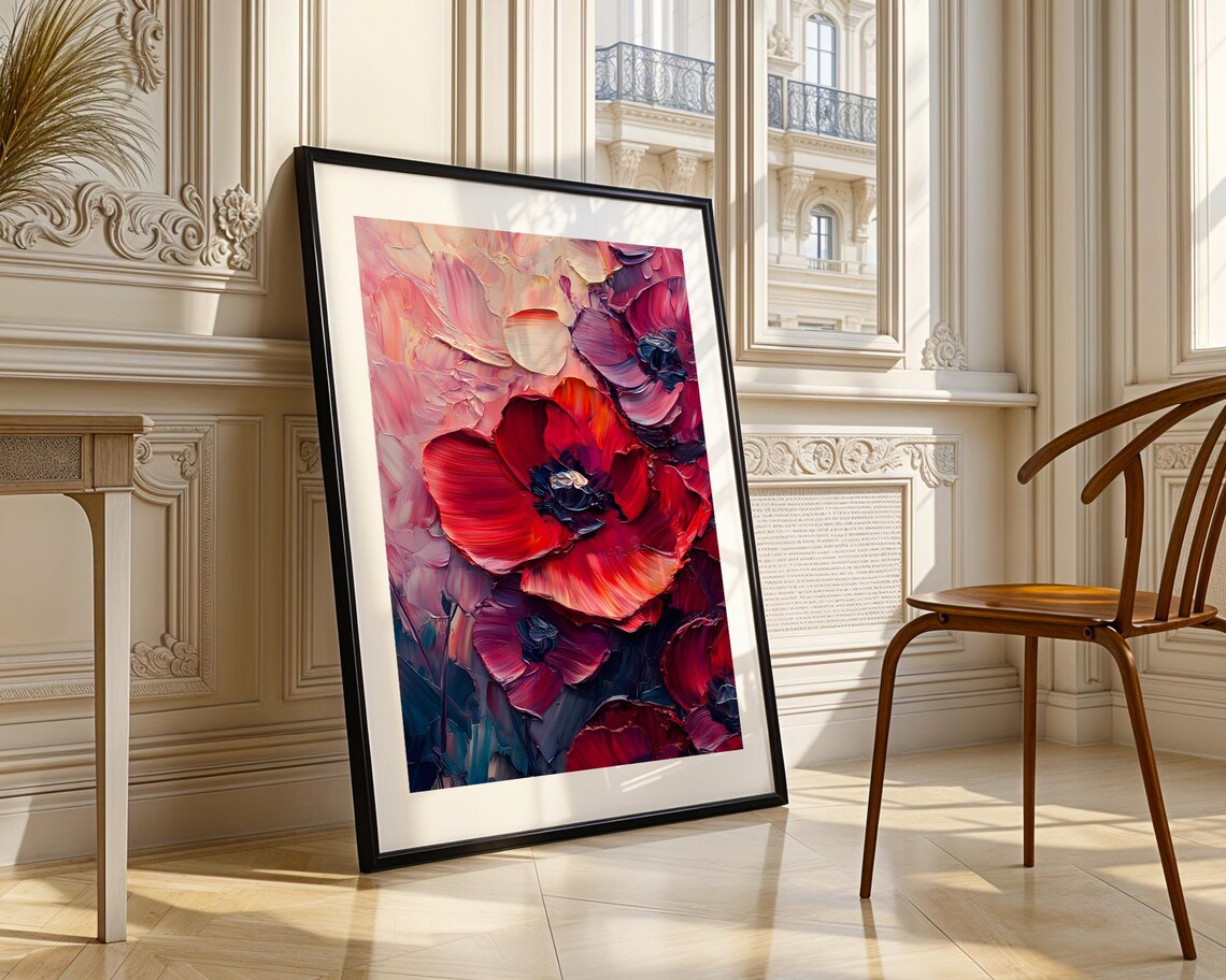 Bold Red Poppy Flowers Close Up Textured Impasto Oil Painting Poster - Image 3