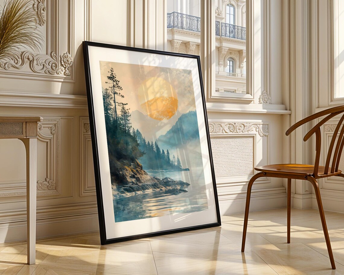 Misty Lakeside Pines Golden Sun Calm Watercolor Landscape Poster - Image 3