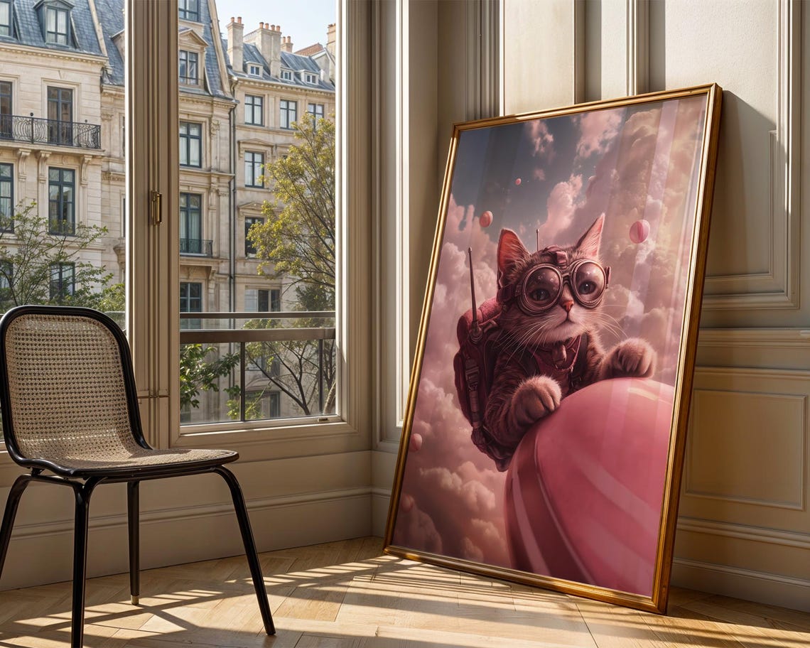 Whimsical Cat Aviator Riding Pink Hot Air Balloon Cloudy Sky Wall Art - Image 3